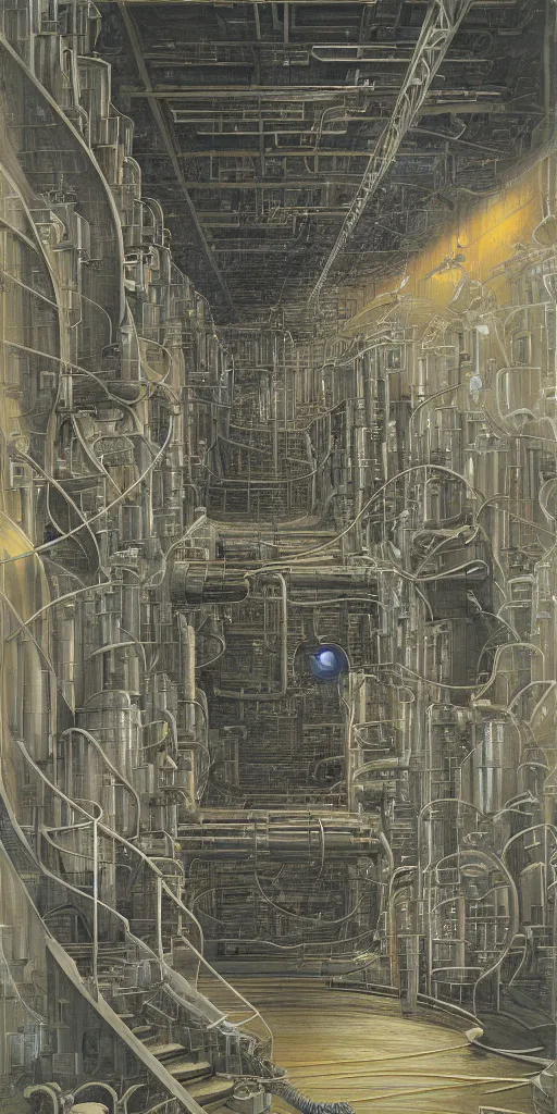 Prompt: Artwork by John Howe of the cinematic view of Helical Propellant Chamber Compression Warehouse.