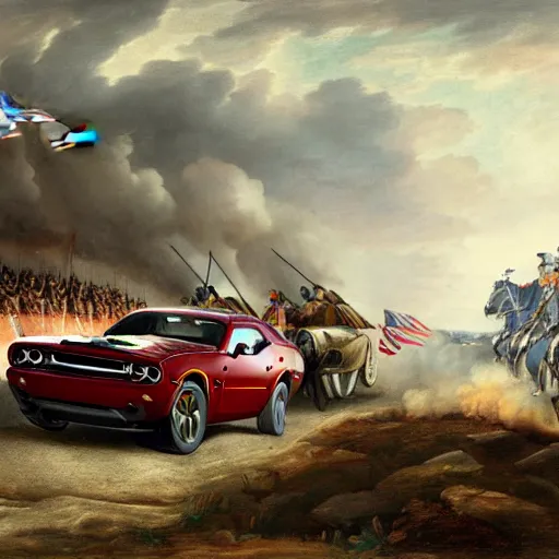 Image similar to George Washington driving a Dodge Challenger into battle towards the British soldiers in the revolutionary war, epic, concept Art, detailed, 4K