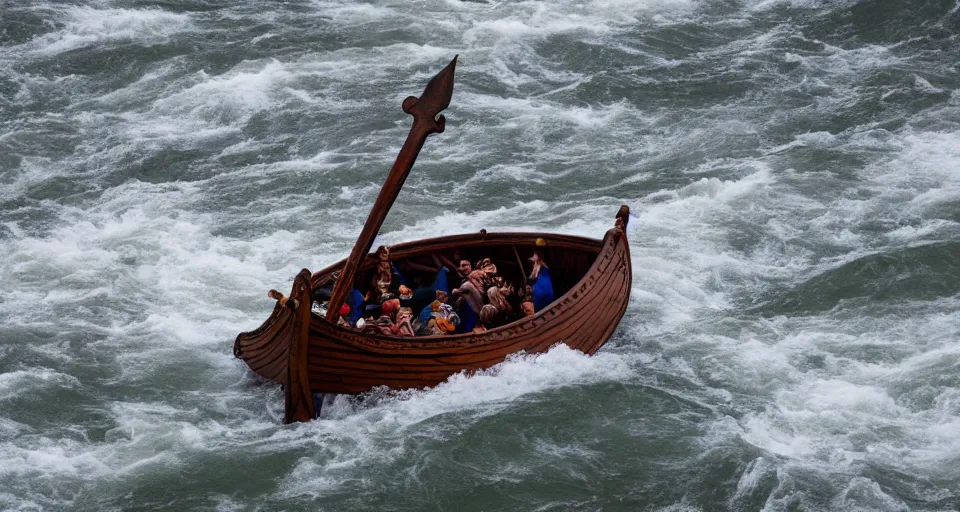 Image similar to fast viking ship sailing down a river, f / 2. 8, motion blur