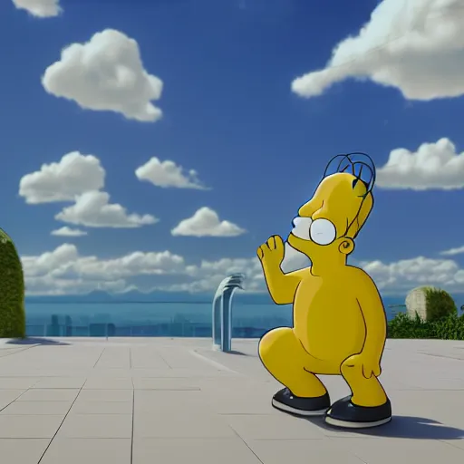 Image similar to Homer Simpson, hyperrealistic, high res, octane render, cinema4D, volumetric lighting, 8k