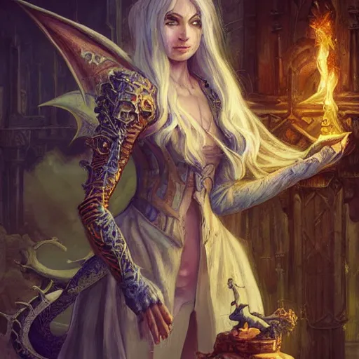 Prompt: a dragon alchemist in an alchemical workshop, rpg character concept art, full body shot, fantasy painterly style, intricate details, artwork by ross tran, artgerm