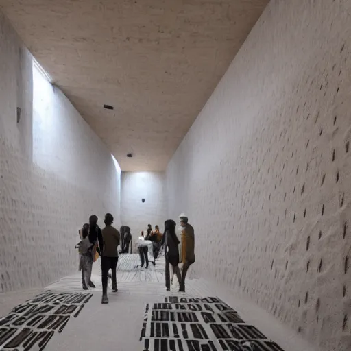 Image similar to indoor photo of a complex brutalist citadel made of 3 d printed rammed earth, people walking