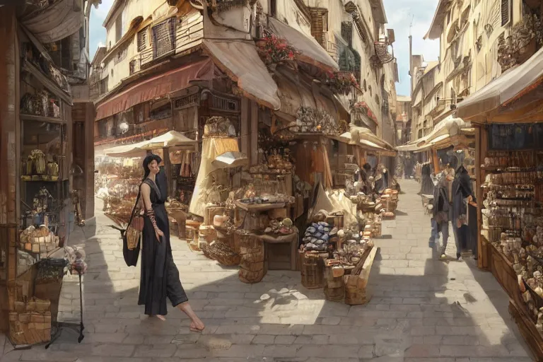 Image similar to seductive hoyeon jung shopping at ancient renaissance florence street vendors, rule of thirds, serene, face anatomy, by wlop, peter mohrbacher, james jean, jakub rebelka, visually stunning, beautiful, masterpiece