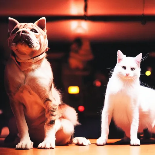 Prompt: dog and cat dancing in a night club