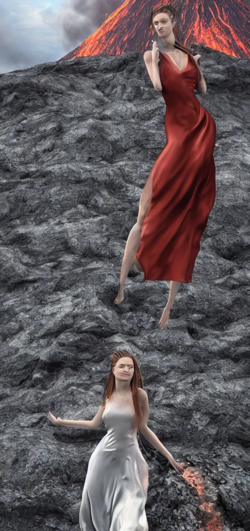 Image similar to a beautiful hyperrealistic ultradetailed 3D render ,one girl in a magnificent dress stands near a volcano, voge photo, fashion style, Annie Leibovitz photostyle, afar, fullbody, in full growth, photorealistic, high resolution, trending on artstation, highly detailed, volumetric lighting, octane render, wide angle,artstation, concept art, master illustration, elegant, details, good clear quality, volumetric lighting,