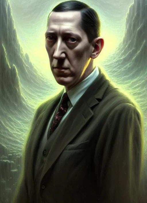 Prompt: portrait shot of h. p. lovecraft in a scenic dystopian environment, intricate, elegant, highly detailed, centered, digital painting, artstation, concept art, smooth, sharp focus, illustration, artgerm, tomasz alen kopera, peter mohrbacher, donato giancola, joseph christian leyendecker, wlop, boris vallejo