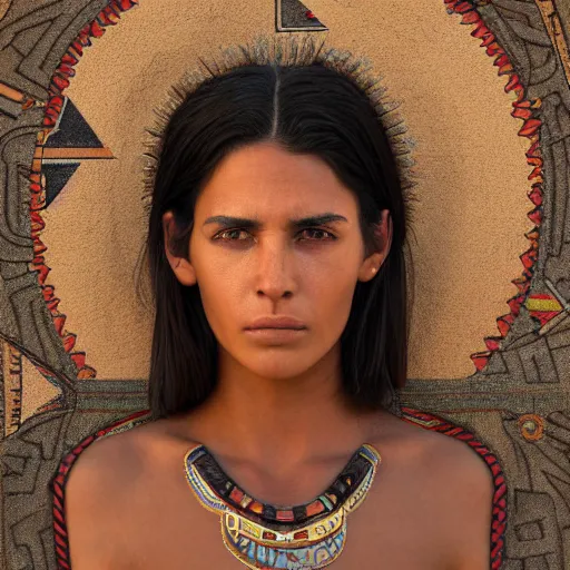 Prompt: a portrait of an aztec female, dark eyes, dark hair, olive skin, depth of field, zeiss lens, detailed, centered, artstation, by Annie Leibovitz and Steve McCurry, David Lazar, Jimmy Nelsson, Breathtaking, 8k resolution, extremely detailed, beautiful, establishing shot, artistic, hyperrealistic, beautiful face, octane render