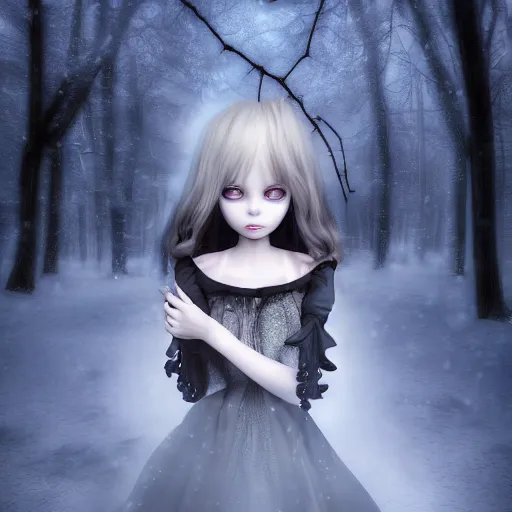 Prompt: focus portrait of beautiful darkness witch 3D anime girl, dark forest background, snowing, bokeh, inspired by Tim Burton, digital painting, unreal engine render, volumetric light, high détail