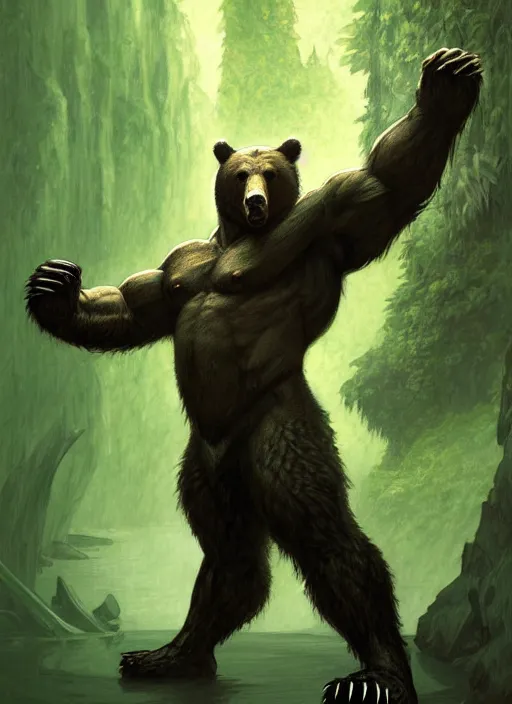 Image similar to portrait of aggressive bear humanoid, d & d, muscular! green, fantasy, intricate, elegant, highly detailed, digital painting, artstation, concept art, smooth, sharp focus, illustration, art by artgerm and greg rutkowski and alphonse mucha