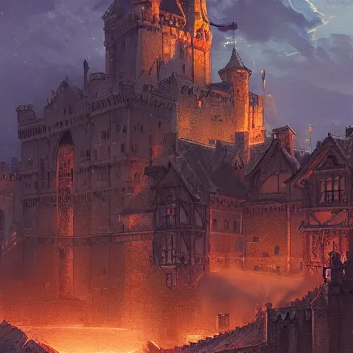 Image similar to a beautiful medieval castle at night, during a siege, in anime style highly detailed by Raphael Lacoste, greg rutkowski, makoto shinkai