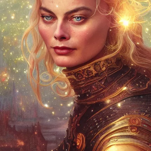 Image similar to a very detailed Magic portrait painting of Margot Robbie, a very detailed fantasy city background, a very detailed dramatic sky, light particles, drawn by Donato Giancola and Tom Bagshaw, Edmund Leighton, Alphonse Mucha, 4k, volumetric lighting, komorebi, award winning, octane render, hyperrealistic