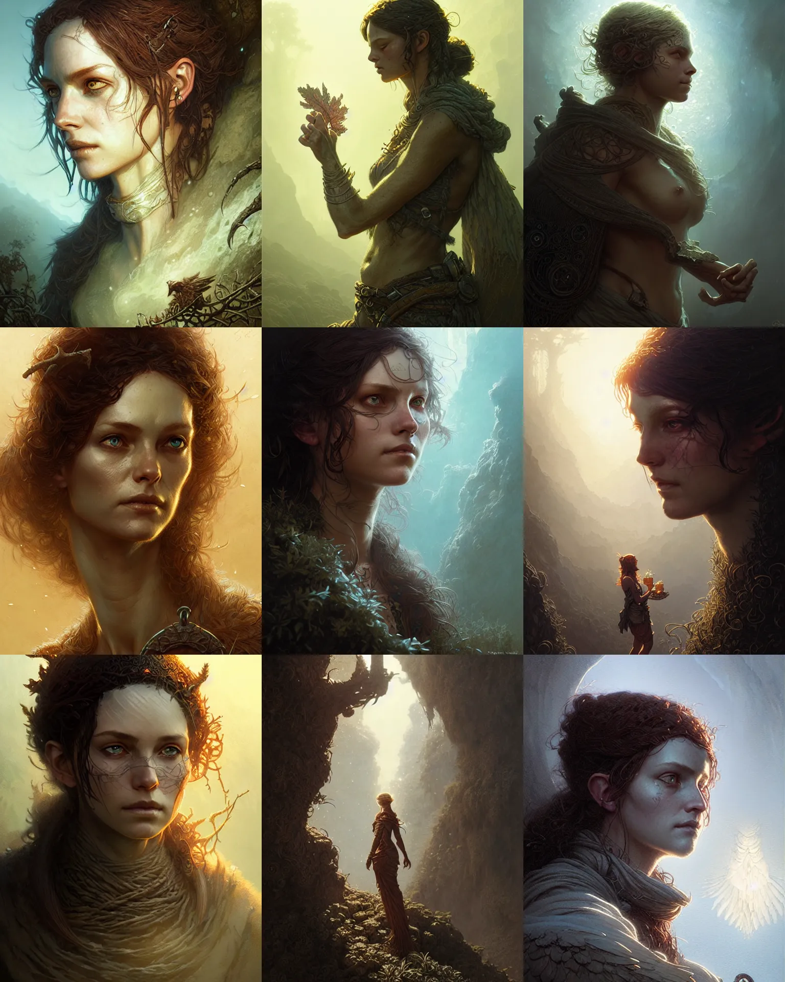 Prompt: fae traveler, explorer, character portrait, female, close up, concept art, intricate details, side lighting highly detailed by greg rutkowski, michael whelan and gustave dore