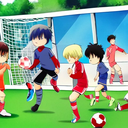 Prompt: kids playing soccer, anime