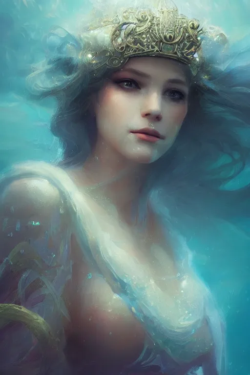 Image similar to Atlantis princess, gorgeous, close-up portrait, intricate, elegant, volumetric lighting, scenery, digital painting, highly detailed, artstation, sharp focus, illustration, concept art, ruan jia, steve mccurry