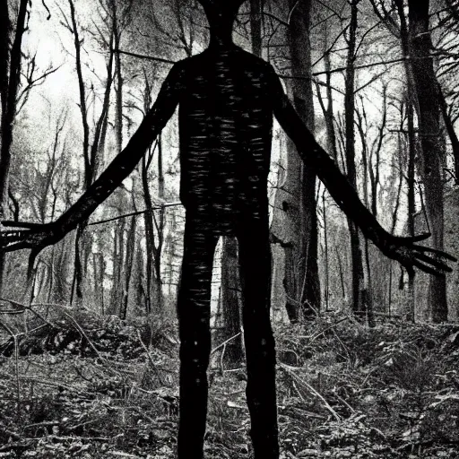 Image similar to Slender man in the woods at night, horror photography, creepy pasta. sharp focus