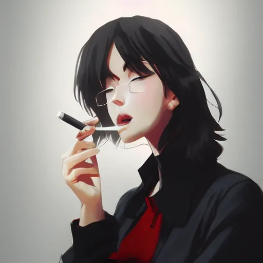 Image similar to woman smoking a cigarette by krenz cushart stu dts yoshiku wlop, white smoke, cinematic lighting, back lit, chromatic aberration, white smoke, trending on ArtStation Pixiv