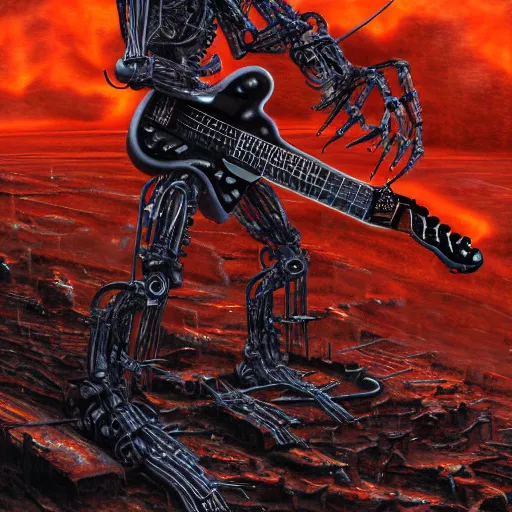 Image similar to death robot shredding guitar, standing in ruined burning street by Yoshitaka Amano, by HR Giger, biomechanical, 4k, hyper detailed, hyperrealism, anime, a Blood Moon rising on a Broken World, deviantart, artstation