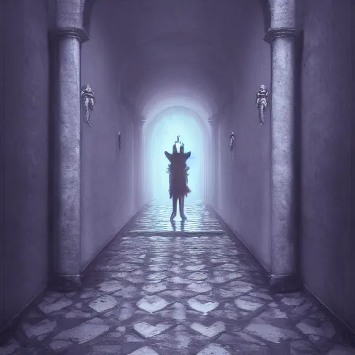 Prompt: a wandering soul in the corridors of dream and anti - life, dark art, epic, 4 k, 3 d