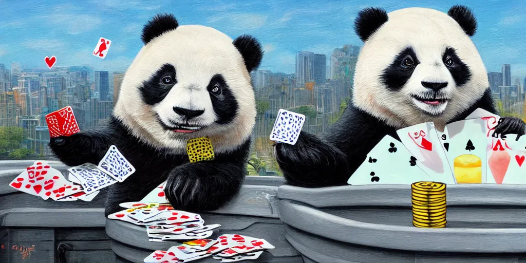 Prompt: A panda playing cards in a hot tub on a roof top, Greg Simkins