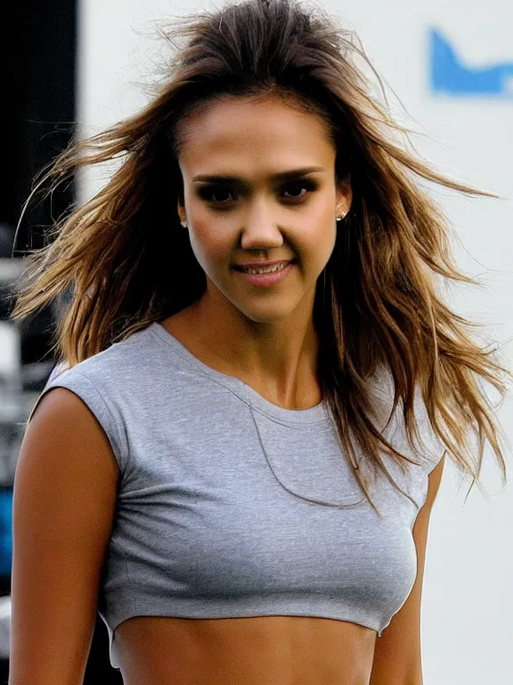 Prompt: hyperdetailed close shot of jessica alba, with ripped crop t - shirt with a logo, fine - face, pretty face