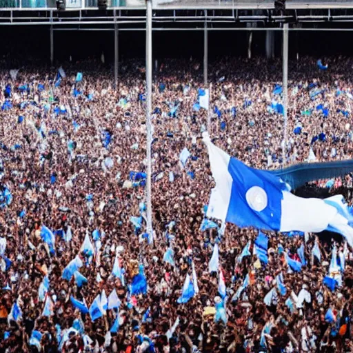 Image similar to Lady Gaga as president, Argentina presidential rally, Argentine flags behind, bokeh, giving a speech, detailed face, Argentina