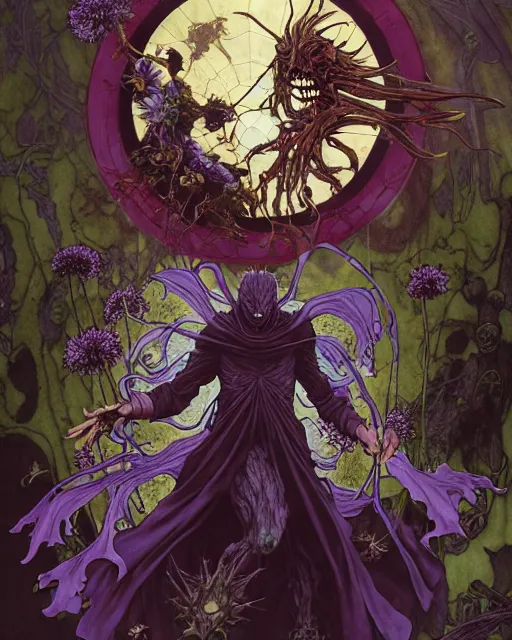 Image similar to the platonic ideal of flowers, rotting, insects and praying of cletus kasady carnage thanos davinci nazgul wild hunt chtulu mandala ponyo heavy rain the witcher, d & d, fantasy, ego death, decay, dmt, psilocybin, concept art by randy vargas and greg rutkowski and ruan jia and alphonse mucha