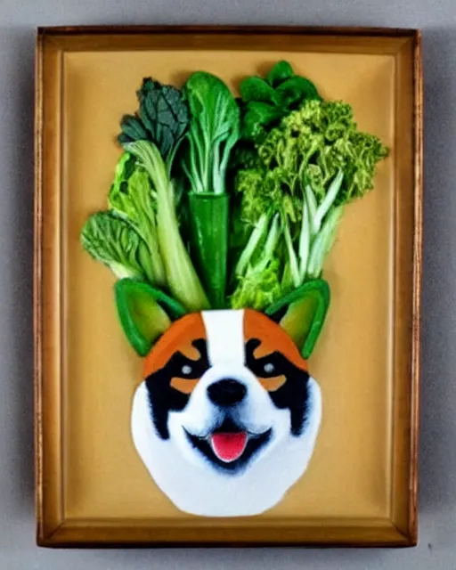 Prompt: shiba made of vegetables, oil painting, portrait