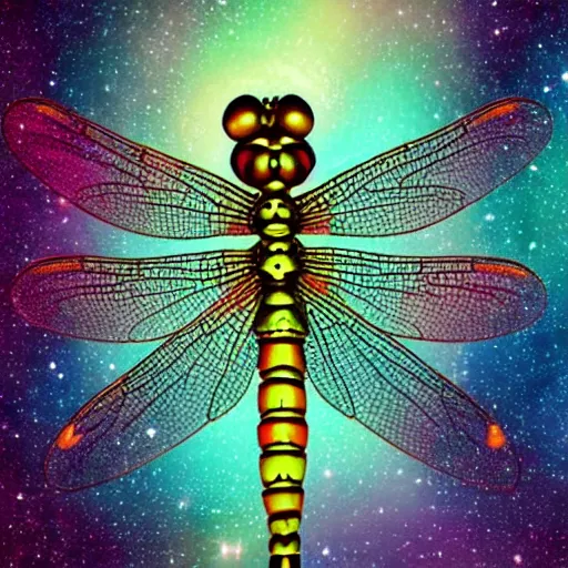 Image similar to a beautiful cosmic dragonfly, high detail, realistic, dreamy, 4K, award-winning, pretty