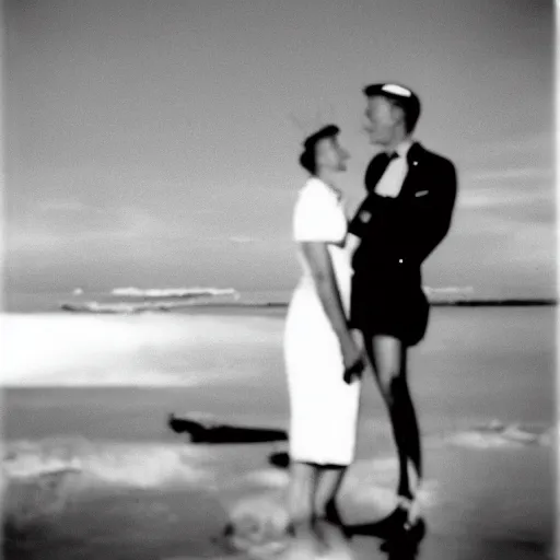 Prompt: grainy film, a couple in love, atomic age