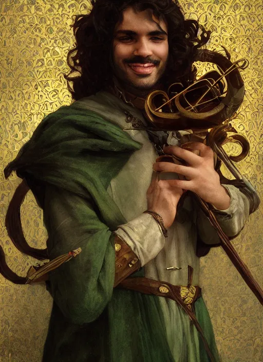 Image similar to medium-length portrait of a male bard with short curly hair and brown eyes, dark brown skin, happy expression, wears a combination of dark green tunic and boiled leather, medieval setting, highly detailed, digital painting, artstation, concept art, sharp focus, illustration, art by greg rutkowski and alphonse mucha