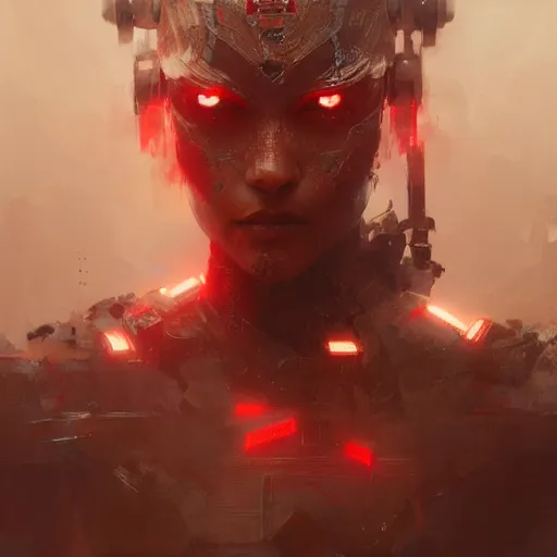 Image similar to cyborg warrior, red eyes, intricate, detailed, volumetric lighting, scenery, digital painting, highly detailed, artstation, sharp focus, illustration, concept art, ruan jia, greg rutkowski