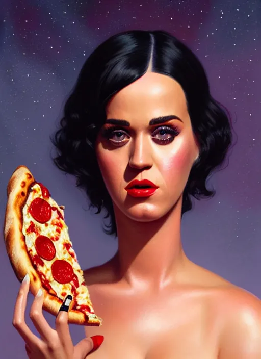 Prompt: portrait of katy perry eating pizza, intricate, elegant, glowing lights, highly detailed, digital painting, artstation, concept art, smooth, sharp focus, illustration, art by wlop, mars ravelo and greg rutkowski