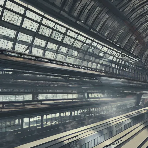 Prompt: illustration of a scifi power building, in middle of a bustling train station, trains moving into the distance, overhead view, Krzysztof Nowak, 4k