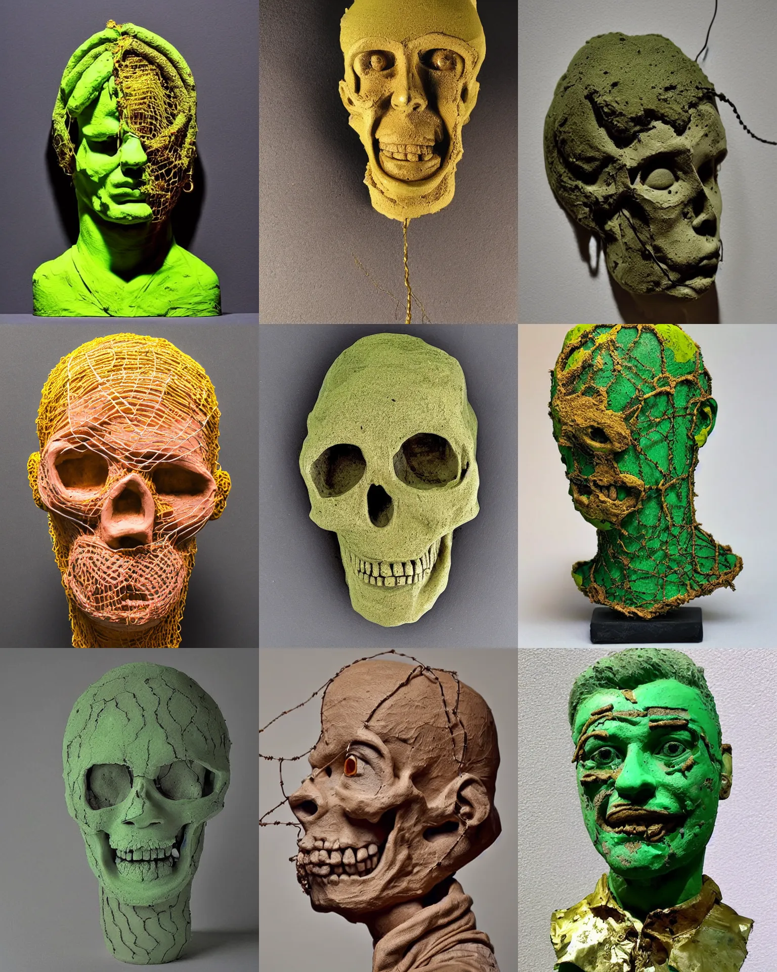 Prompt: clay sculpture. portrait of a man with a hollow head. instead of a skull, there is a loose wire mesh, with gold liquid spilling out. wire mesh skull with gaps. painted clay sculpture. neon green or pink or yellow colored background, intense lighting and shadows. astonishing detail