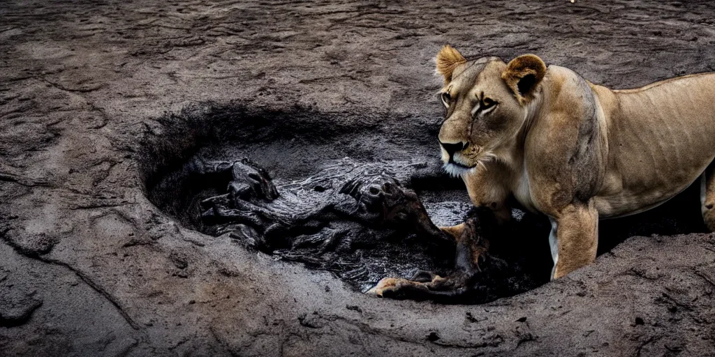 Image similar to a photo of a lioness, made of tar, bathing inside the tar pit, full of tar, covered with liquid tar. dslr, photography, realism, animal photography, color, savanna, wildlife photography