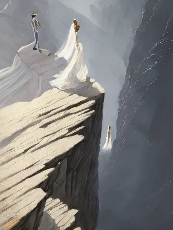 Image similar to bride and groom, high symmetry, intimacy, realism, intricate abstract, elegant, looking down a cliff, short perspective, neutral colors, dark lighting, by artstation, by greg rutkowski