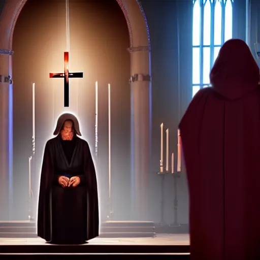 Prompt: emperor palpatine preaching to people at church, 8k cinematic lighting, very sharp detail, anatomically correct