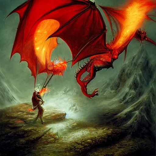 Image similar to epic fantasy painting of red dragon breathing fire towards knight, by john avon, by seb mckinnon, high detail, fantasy battle, by jeff miracola