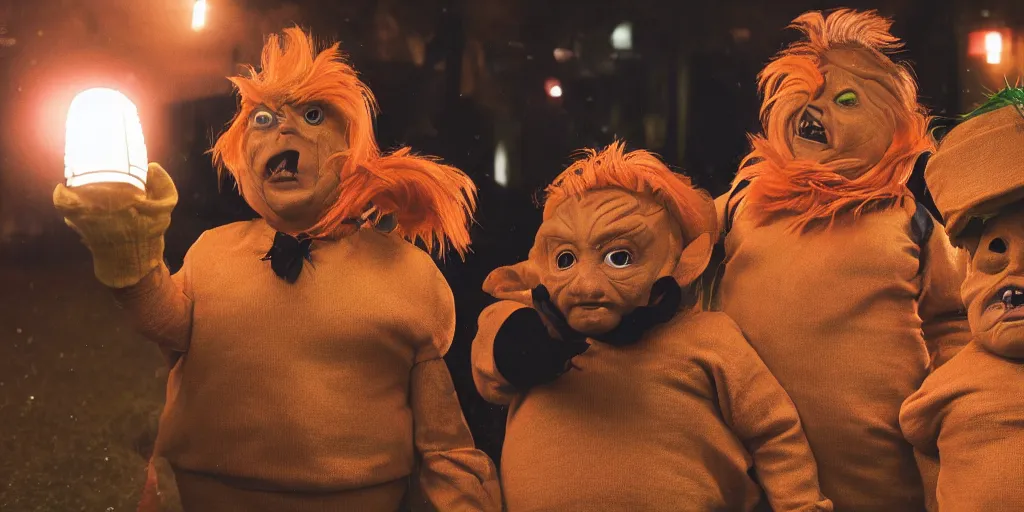 Prompt: photo of real life oompa loompas resembling donald trump, creepy!!!, scaly!!!, gritty!!!, menacing!!!, evil, ultra realistic, gritty, winter, golden hour, volumetric lighting, sharp focus