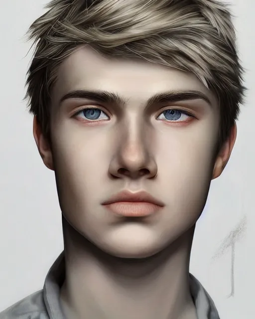 Image similar to portrait a 1 5 - year - old boy, with slender, white - blond hair, cold grey eyes, a pale complexion with sharp and pointed features, wearing black clothes, hyper realistic face, beautiful eyes, character art, art by mark brooks, hyperdetailed, cryengine, trending on artstation, digital art