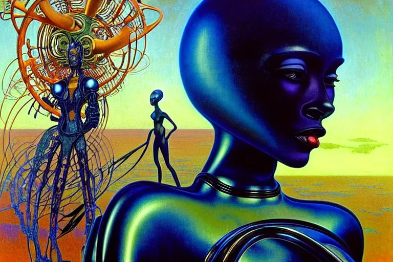 Prompt: realistic extremely detailed portrait painting of a beautiful black woman with a robot, futuristic sci-fi landscape on background by Jean Delville, Amano, Yves Tanguy, Mark Brooks, Alphonse Mucha, Ernst Haeckel, Edward Robert Hughes, Roger Dean, rich moody colours, blue eyes