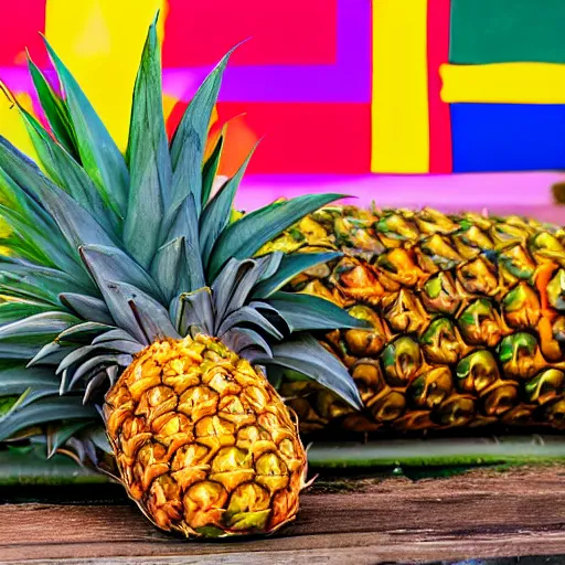 Prompt: a photo of a rainbow colored pineapple
