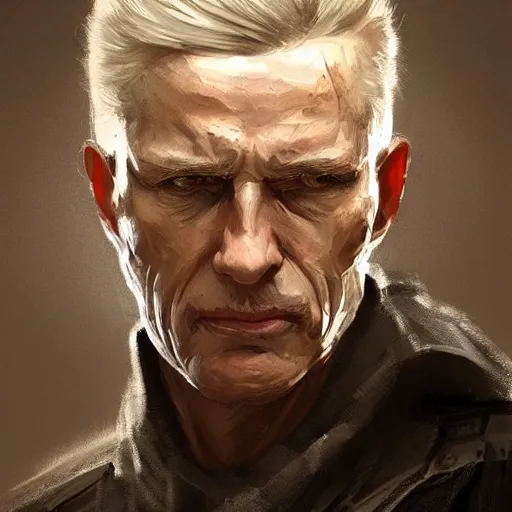 Image similar to Portrait of a man by Greg Rutkowski, he is about 60 years old, short blond hair, athletic and strong, straight jaw, wearing a futuristic tactical gear, expression of determination with weariness and resignation, older brother vibes, highly detailed portrait, digital painting, artstation, concept art, smooth, sharp foccus ilustration, Artstation HQ.