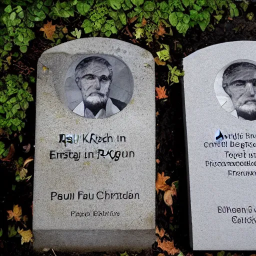 Image similar to paul krugman, a victim of great bitcoin flu, grave at highgate cemetery in london