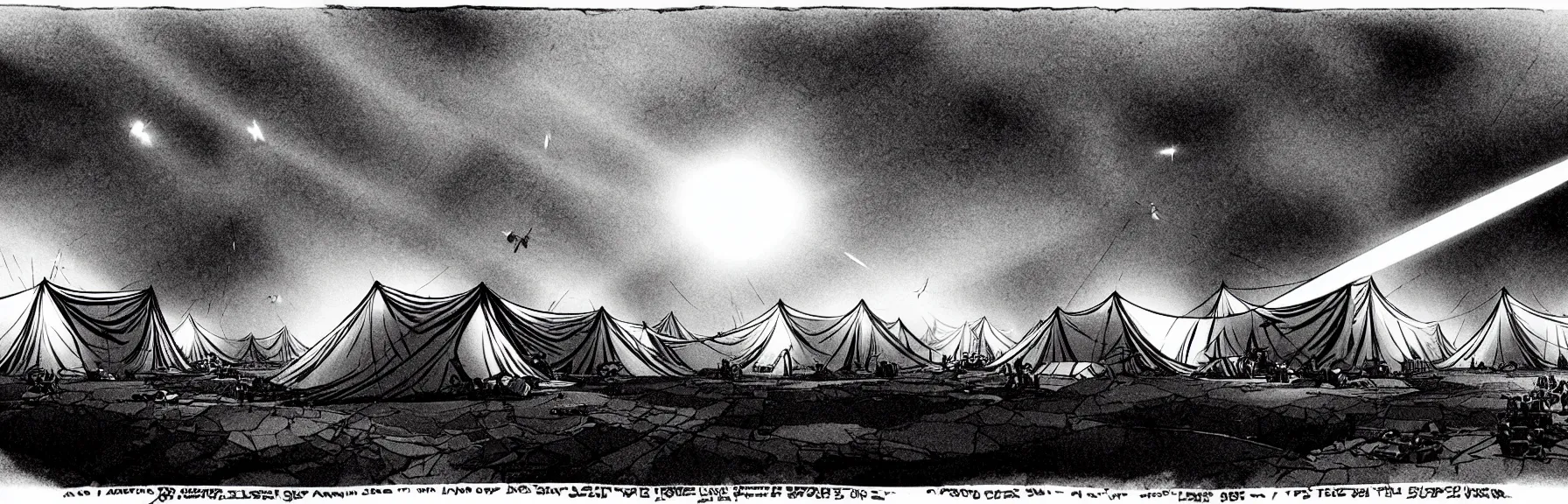 Image similar to You step out of the tent and are about to start running when it suddenly gets incredibly bright, Tents are on fire. you hear screams You look up, Mighty zeppelins hover in the sky above you, cruise missile strikes, a little further away, a camp is bombarded from the air, intricate and epic concept art, highly detailed, 8k, cinematic