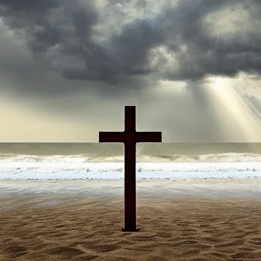 Image similar to a highly detailed portrait of a large cross standing on the beach as a storm comes in with the tide, a beautiful blonde woman sitting in the sand watching the ocean, epic fantasy, god rays, rocky beach, aerial photography, volumetric lighting, octane render, exquisite detail, 8 k, art by norman rockwell and albert bierstadt