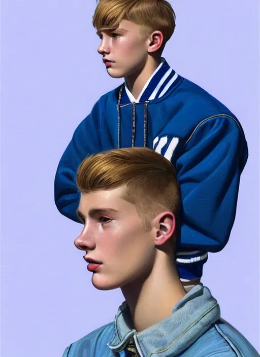 Image similar to portrait of a teenage boy named moose mason, blonde short hair, jock, beefy, square jaw, square facial structure, 1 9 5 0 s, blue varsity jacket, intricate, elegant, glowing lights, highly detailed, digital painting, artstation, concept art, smooth, sharp focus, illustration, art by wlop, mars ravelo and greg rutkowski