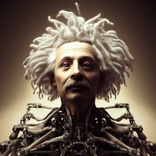 Image similar to masterpiece portrait ethereal biomechanical einstein with incredible hair, crystal incrustations, hyper - detailed face, elegant posed, intricate, octane render, cinematic lighting, cgsociety, unreal engine,