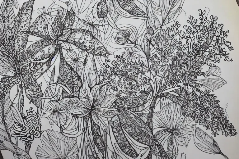 Image similar to floral and plants doodle art, intricate pen and ink drawing