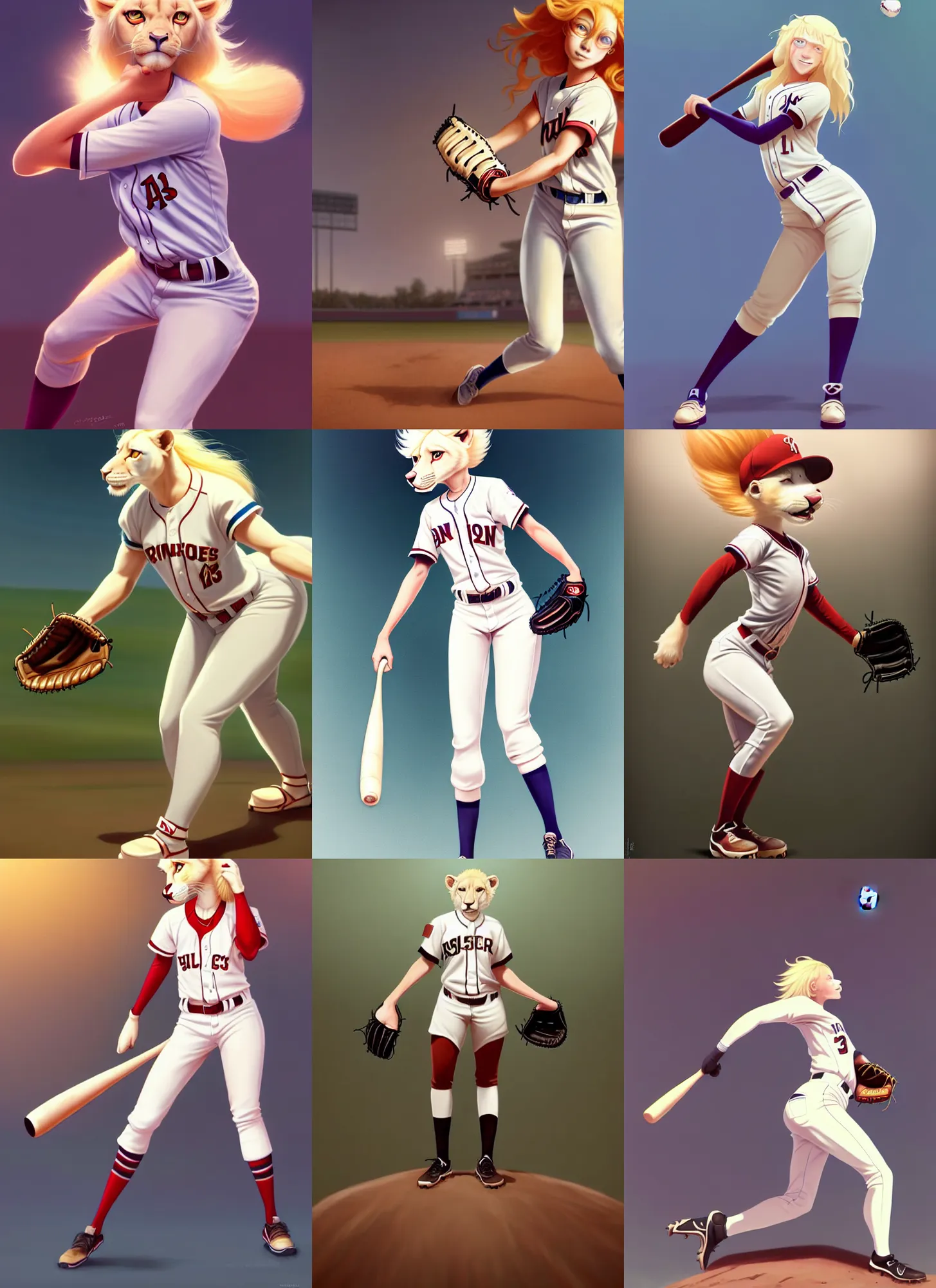 Prompt: beautiful full body portrait of a female anthropomorphic albino lioness fursona baseball player at a baseball stadium pitcher's mound. character design by disney, charlie bowater, ross tran, artgerm, and makoto shinkai, detailed, soft lighting, rendered in octane